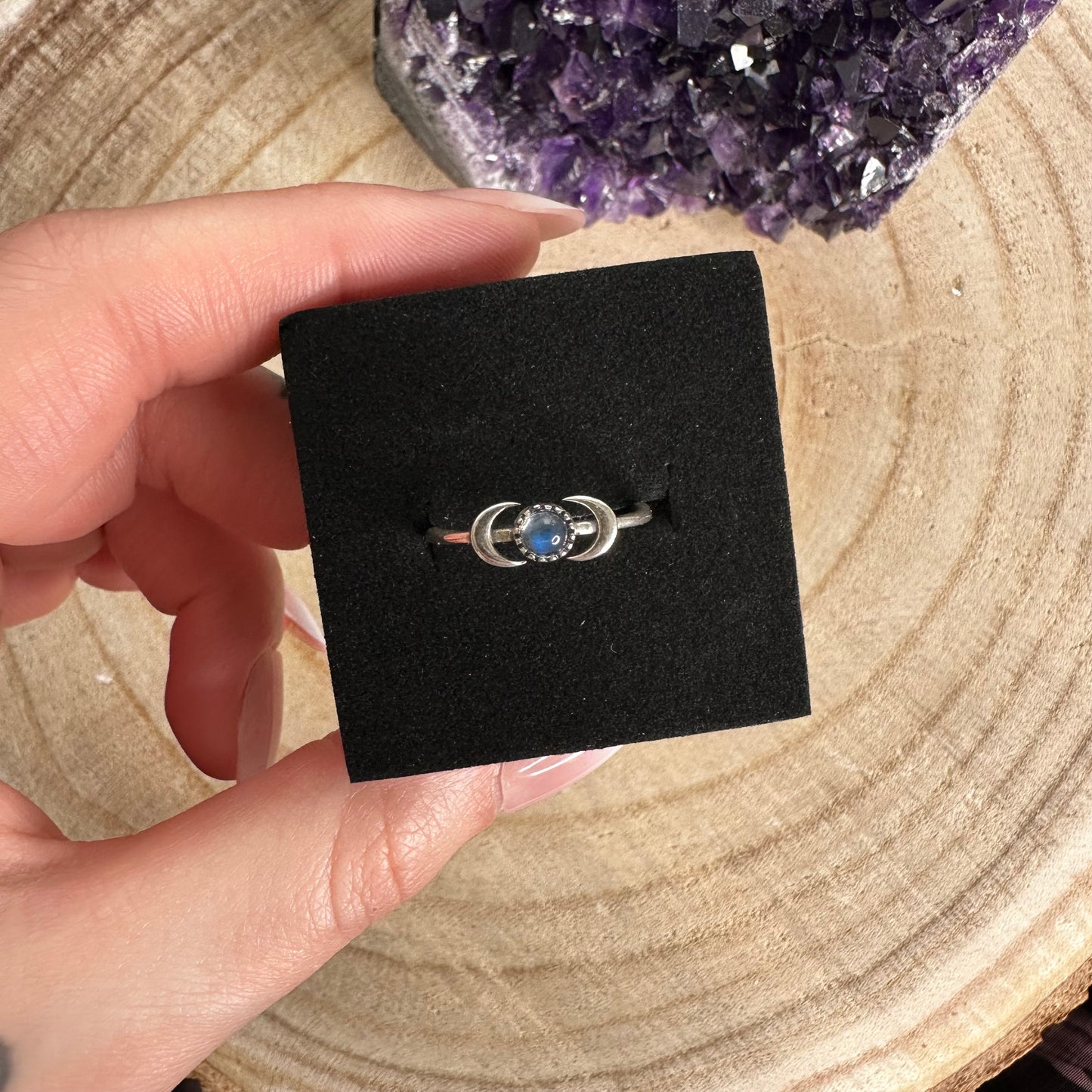 Anello Triplice Luna Labradorite Bianca